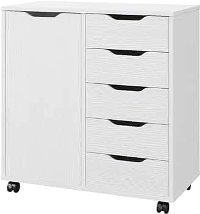 Panana 5-Drawer Chest with 1 Door, Wooden Chest of Drawers Storage Dresser Cabinet with Wheels, Office Organization and Storage, Bedroom Furniture (White)