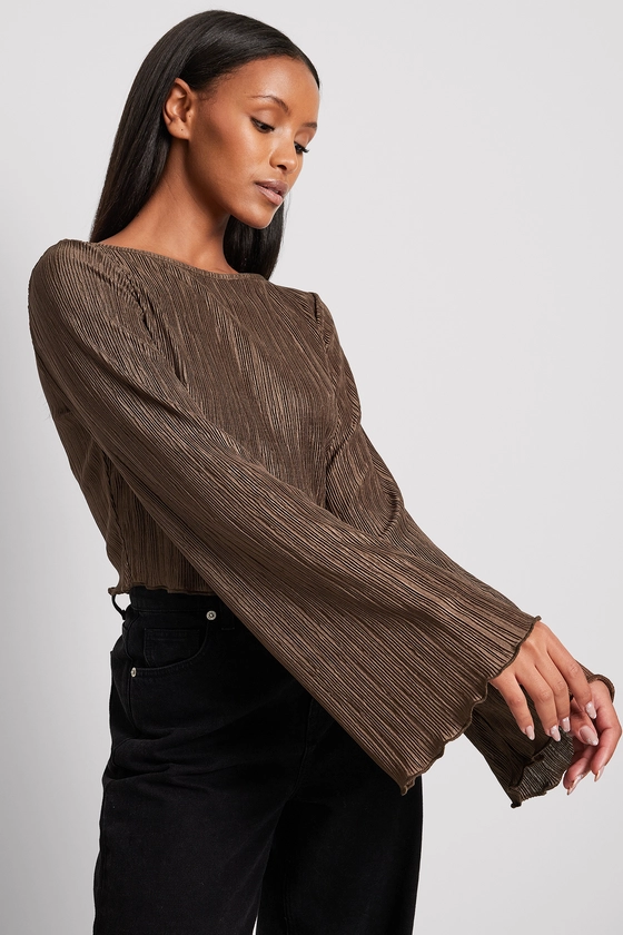 High Neck Plissé Top Brown