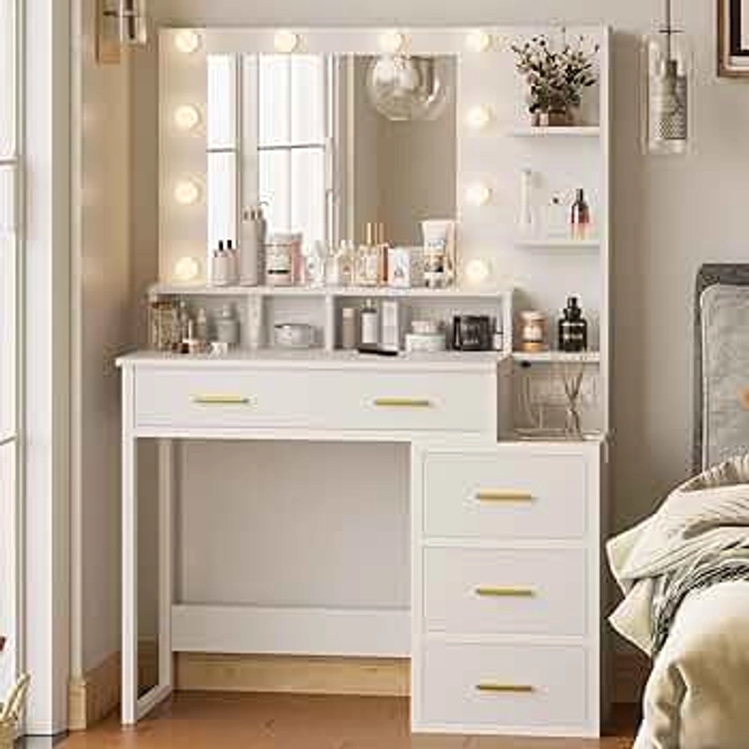 Tiptiper White Makeup Vanity with 10 Light Bulbs, Modern Vanity Desk with Mirror & 3 Lighting Modes, Vanity Table with 2 USB Ports and Outlets, Makeup Desk with Nightstand, Storage Shelves and Drawers