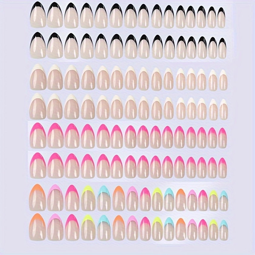 120pcs French Tip Press-on Nails Set, Almond Shape in White, Black, Pink & Multi-Color * Nails Kit with 2 Jelly Glue Sheets & Nail File, 15 Sizes f