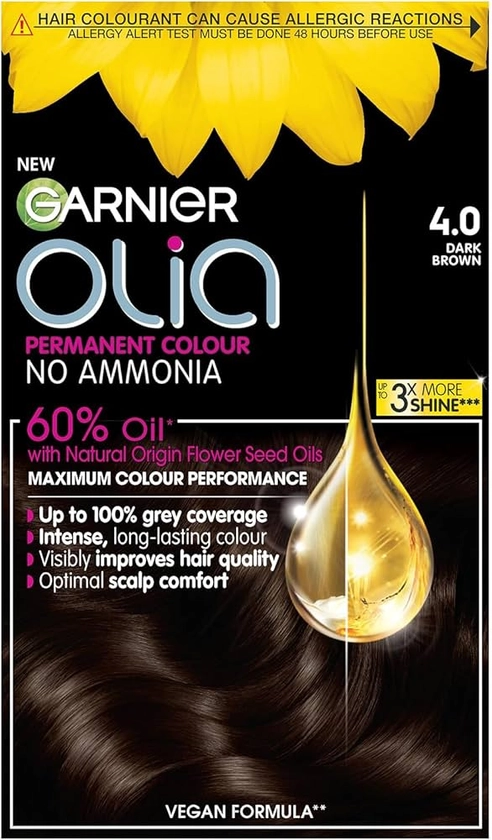 Garnier Olia Permanent Hair Dye, Up to 100% Grey Hair Coverage, No Ammonia, 60% Oils, 4.0 Dark Brown