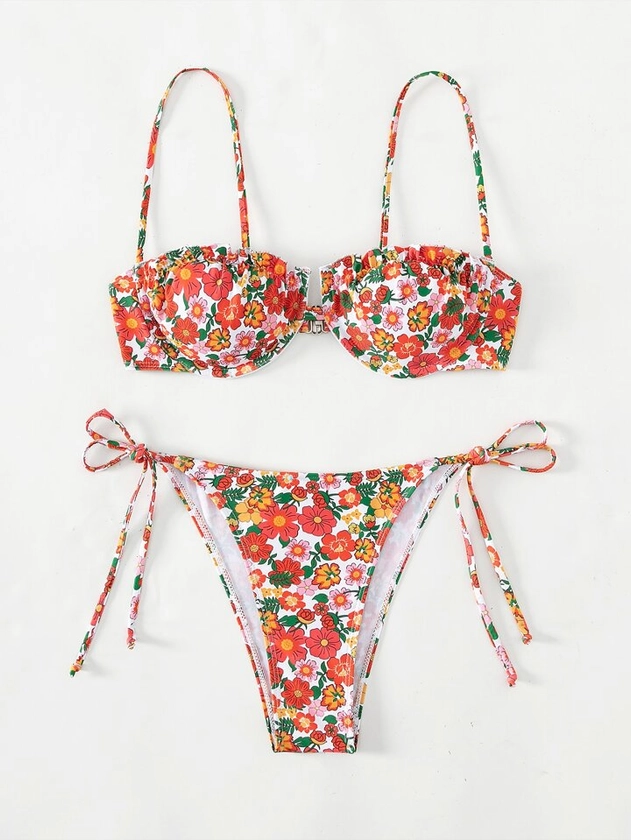 SHEIN Swim Mod Summer Beach Floral Bikini Set Frill Trim Underwire Top & Tie Side Bottom 2 Piece Swimsuit