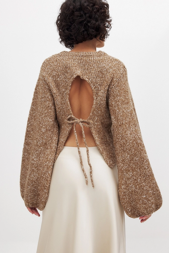 Knitted Open Back Balloon Sleeve Sweater