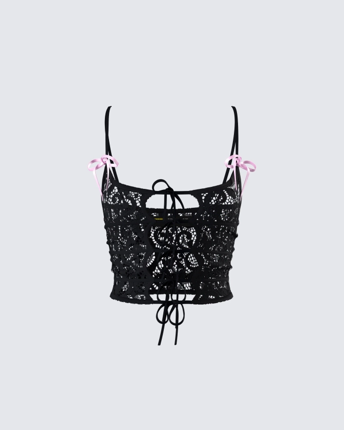 Halsey Black Lace Tie Front Top