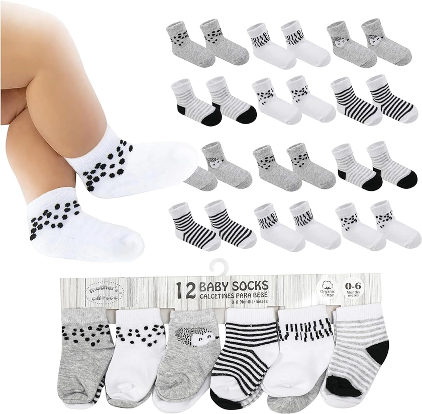 Mother's Choice 12 paires de chaussettes pour bébé en coton riche, 0-6/6-12 mois, chaussettes pour bébé garçon, lavables en machine, chaussettes pour bébé fille