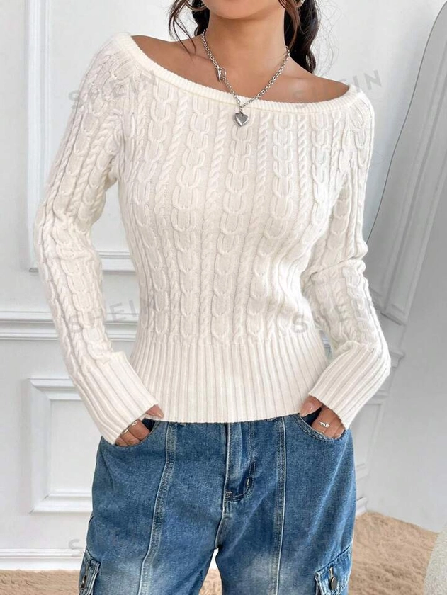 SHEIN EZwear Off-Shoulder Cable Knit Sweater