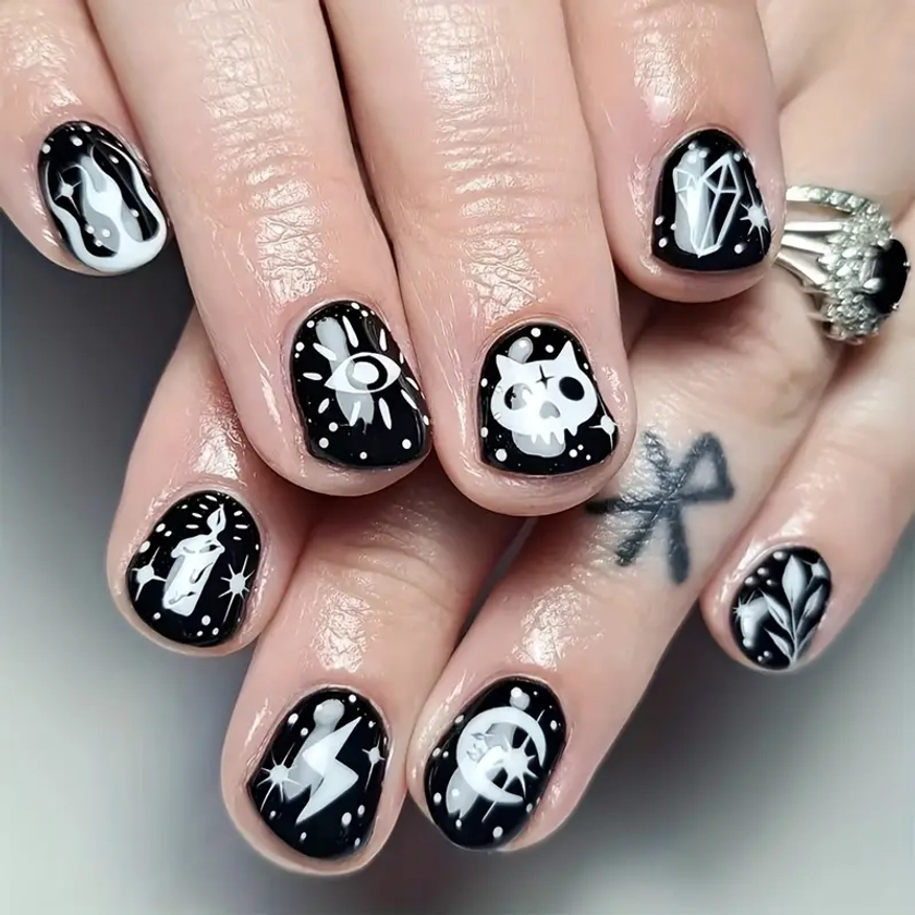 Halloween Press Nails Set Skull Cat - Temu