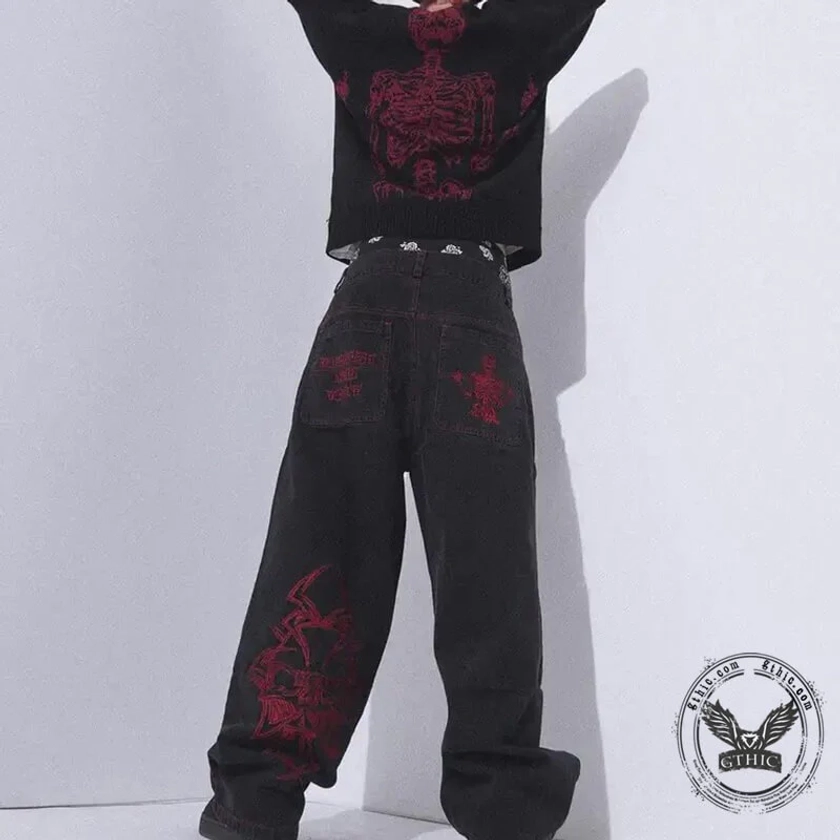 Embroidered Skull Hip Hop Cargo Pants