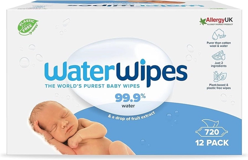 WaterWipes Plastic-Free Original Baby Wipes, 99.9% Water Based Wipes, Unscented for Sensitive Skin, 720 count (Pack of 12) : Amazon.co.uk: Baby Products