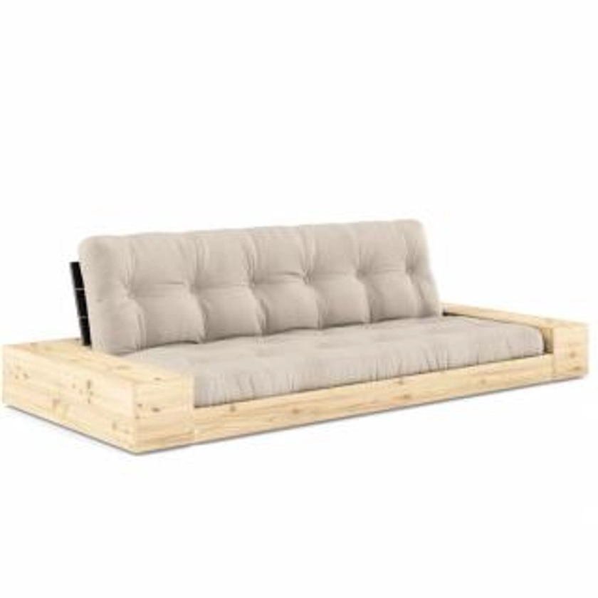 Canapé lit futon BASE beige couchage 130cm dossiers noirs et accoudoirs coffres