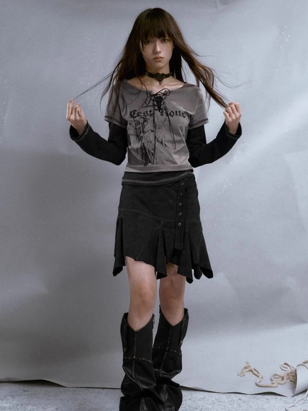 Black punk textured skirt【s0000003933】