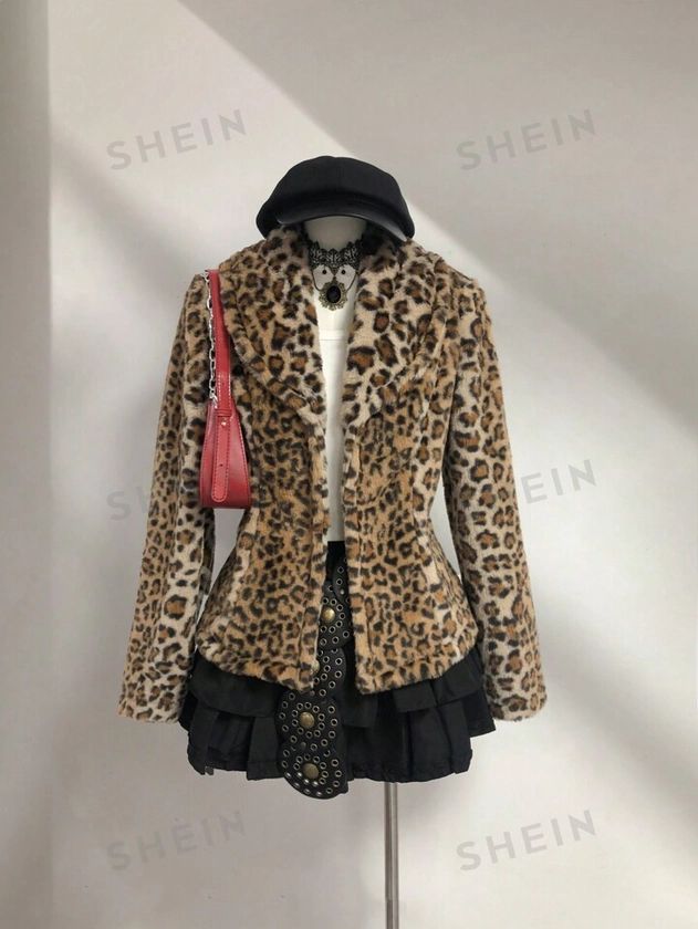 SHEIN Sweetro Chaqueta de piel de conejo con estampado de leopardo y solapa, vintage, para mujer, nueva para otoño/invierno