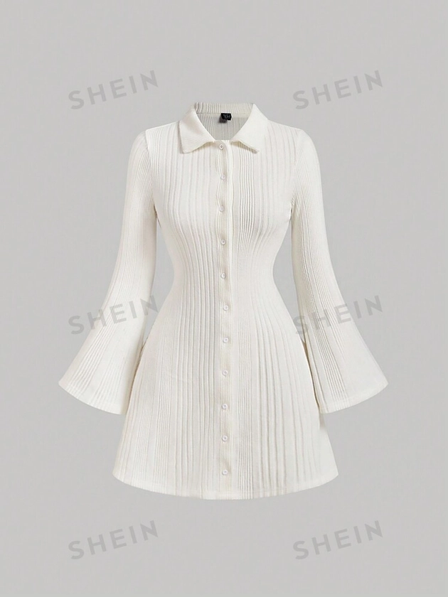 SHEIN MOD White Knitted Rib Casual Autumn/Winter Women's Dress With Bell Sleeves Back To School Clothes Fall Clothes