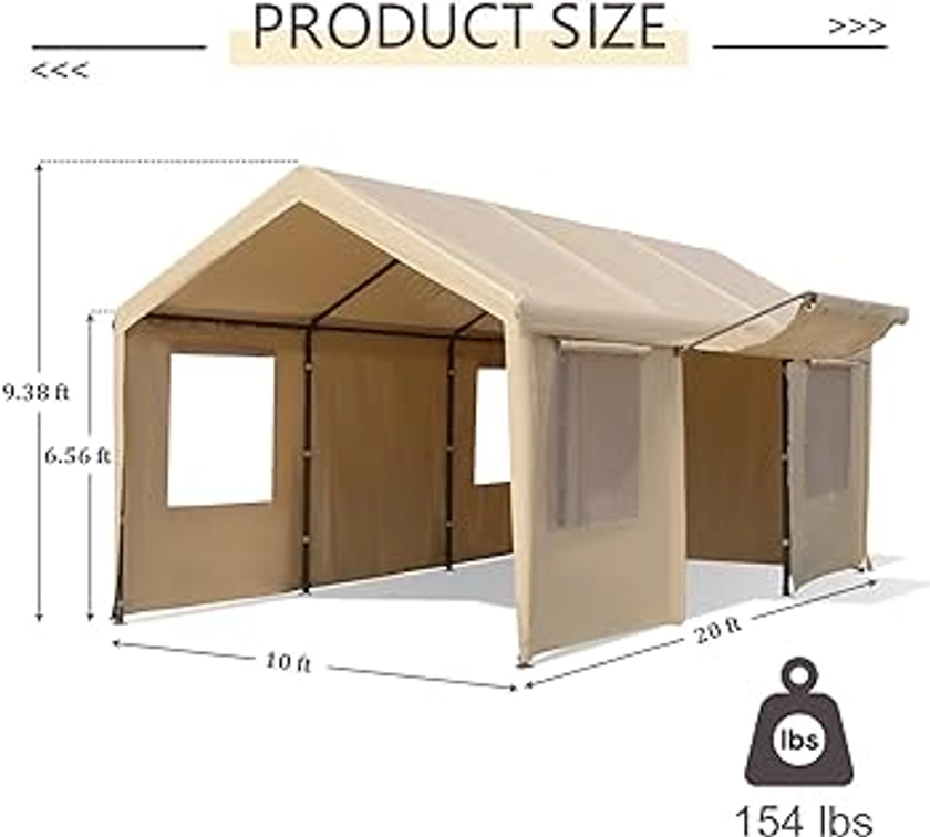 Gardesol Carport, 10’ x 20’ Heavy Duty Carport with Roll-up Sidewall and Ventilated Windows, Portable Outdoor Garage for Car, Truck, SUV, Boat, Car Canopy with All-Season Tarp, Beige