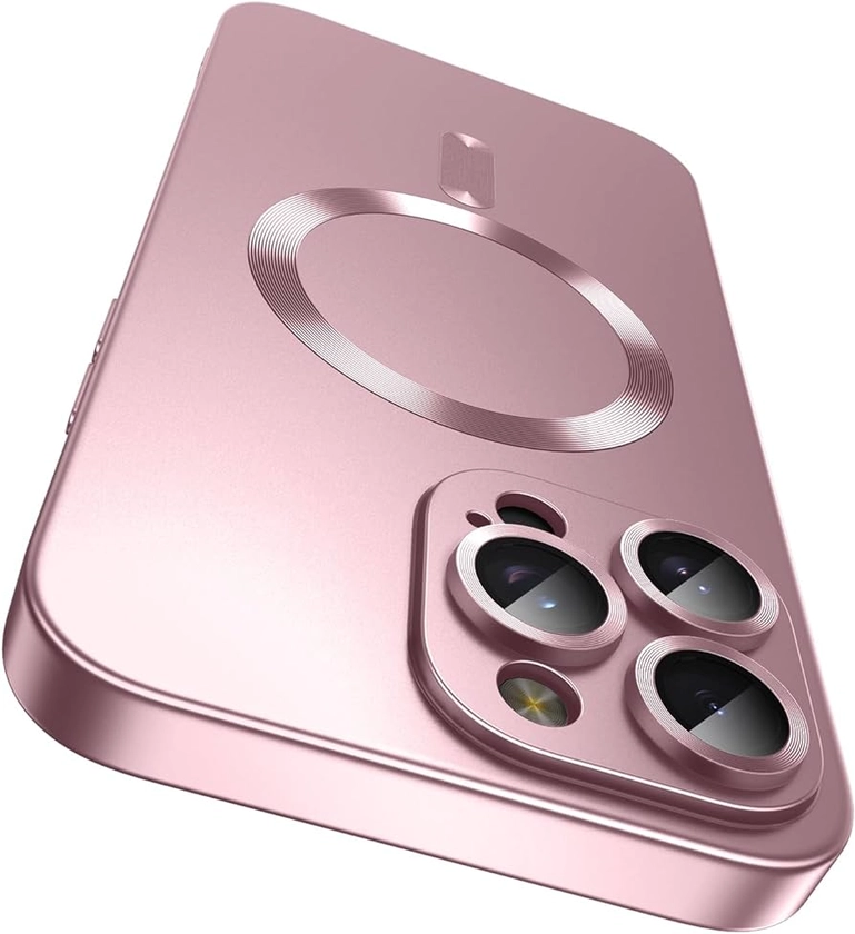 Magnetic for iPhone 16 Pro Max Case [Compatible with MagSafe][Built-in Camera Lens Protector] Slim Soft Silicone Bumper Shockproof Metallic Phone Case (Rose Gold)