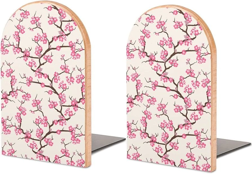 Blooming Cherry Blossom Funny Bookends 1 Pair Non-Slip Wooden Book End Desk Office Accessories