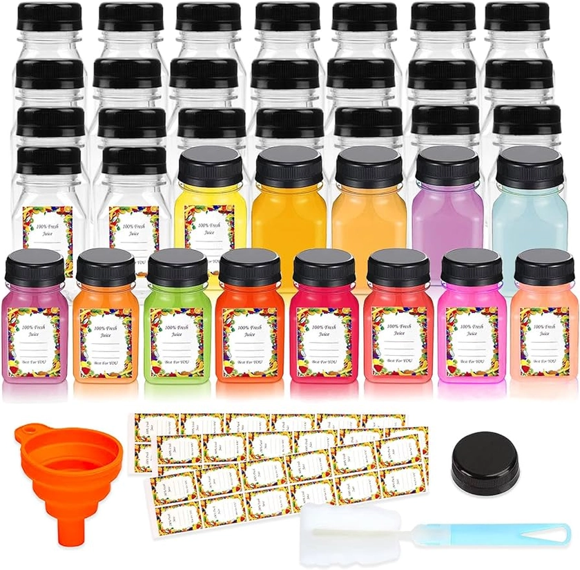 36PCS 4oz Plastic Juice Bottles for Juicing,with Leak-Proof Caps Lids Empty Reusable Clear Bottles with 36pcs Label,Funnel,Brush,Ginger Shot Bottles with Caps,Juice Milk Beverages Shot Bottle