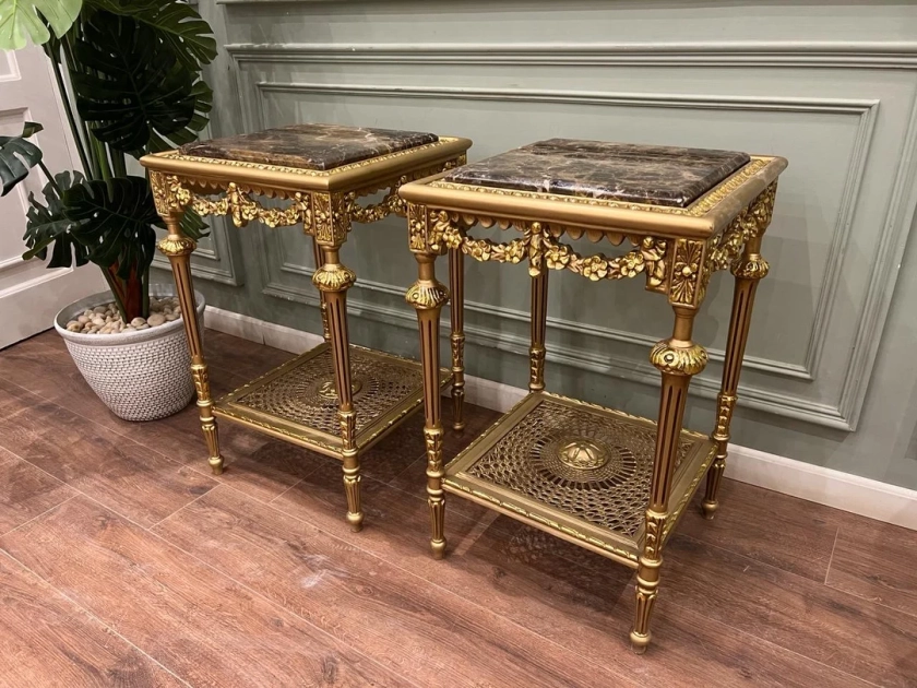 Baroque Rococo French Vintage Square Side Table, Dark Brown Marble Top, Gold Finish, 73cm Height, 47cm Width, 47cm Depth - Etsy UK