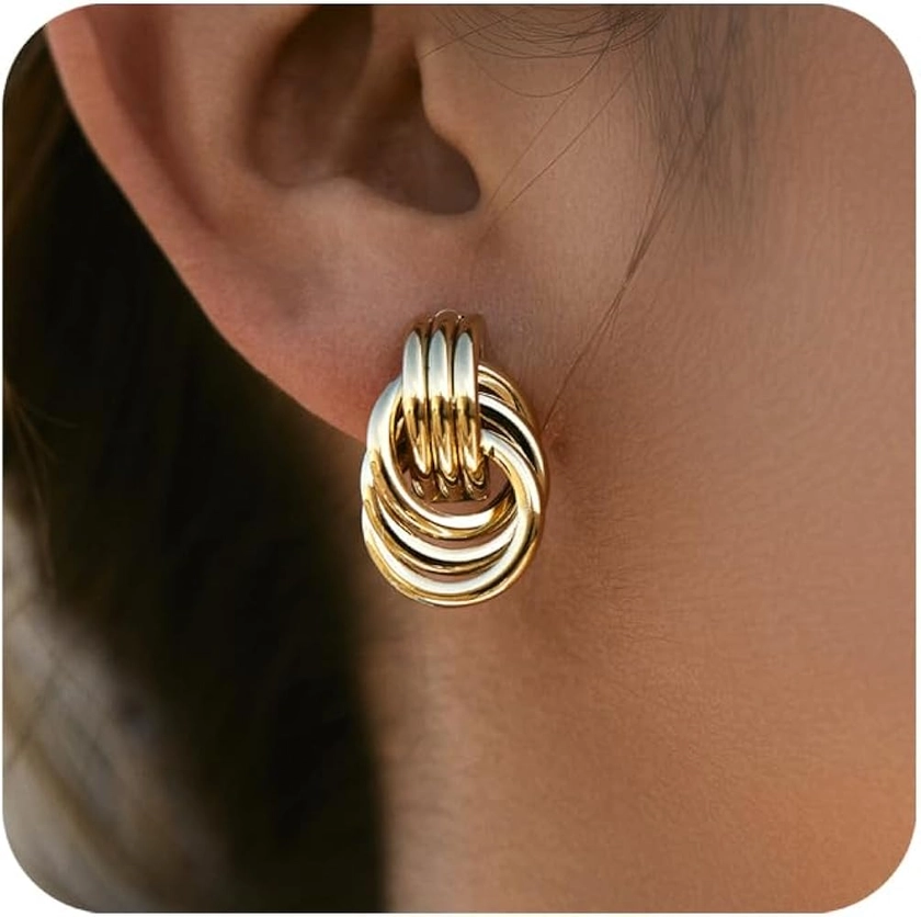 14K Gold Plated Chunky Gold Earrings for Women Knot Link Circle Geometric Drop Dangle Earrings Studs Trendy Jewelry