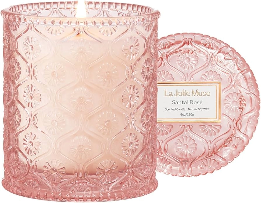 La Jolie Muse Scented Candle Gifts for Women, Pink Candles, Wedding Candles, Sandalwood Rose Candle, 8 oz 55 Hour Burn Time, Luxury Candles, Candles for Home Scented, Natural Soy Wax Candles