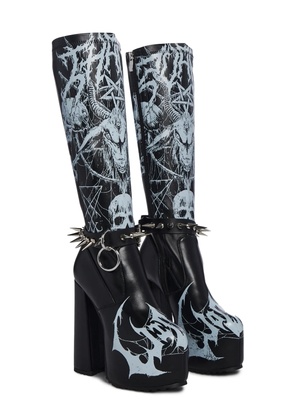 Widow Baphomet Skull Platform Boots - Black