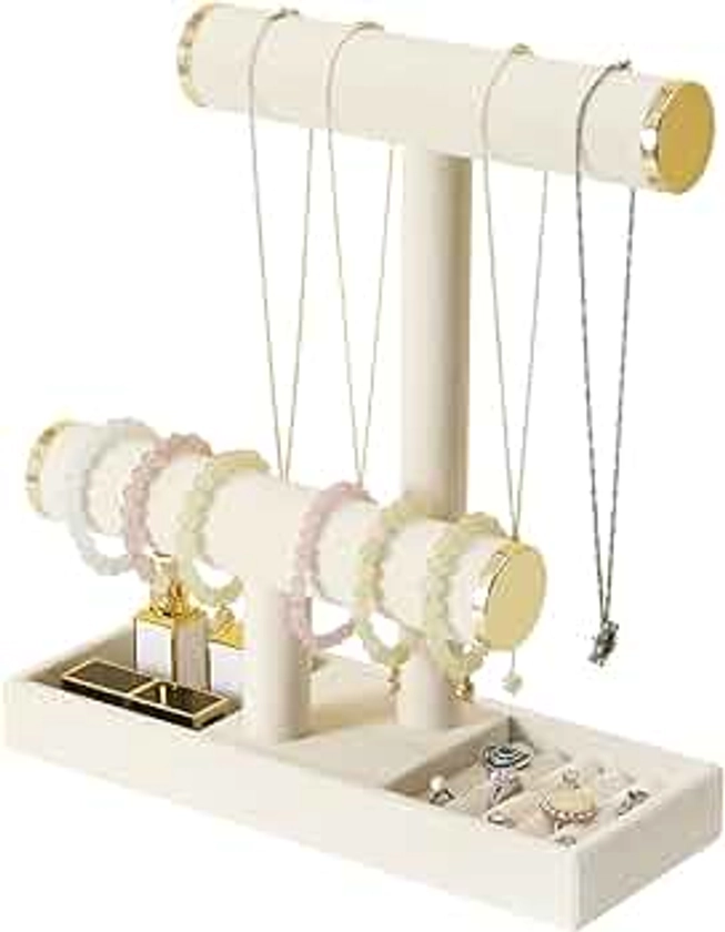 Jewelry Holder Stand,2 Tier Necklace Bracelet Organizer with Tray,Jewelry Displays for Selling Bangles Scrunchie Hair ties Watches and Chains,Beige Velvet.