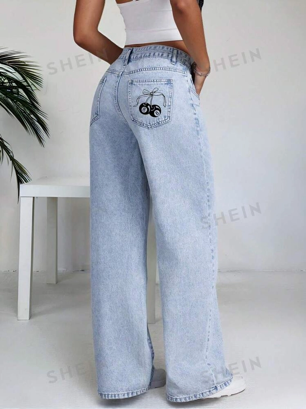 SHEIN EZwear Women Cherry Print Loose Washed Low Waist Straight Leg Jeans