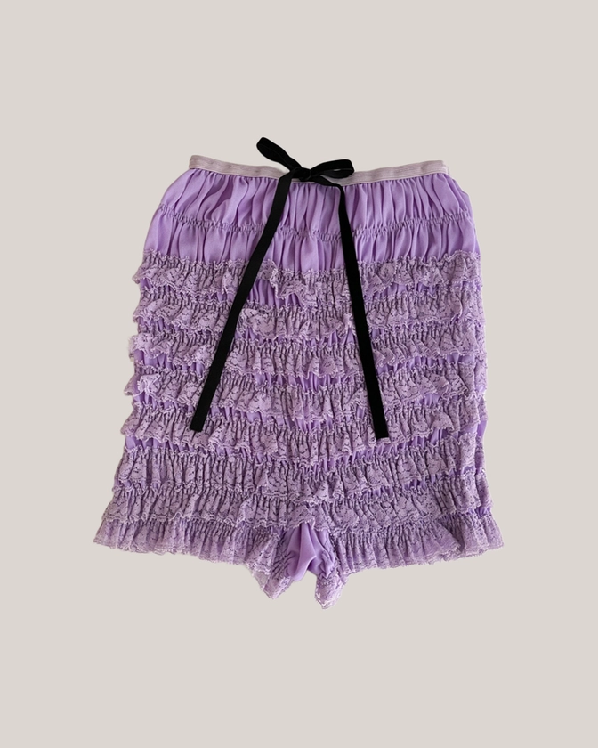 The Sororité Collection: Vintage Purple Black Velvet Bow Embellished Ruffled Lace Shorts (XS-M) — sororité.