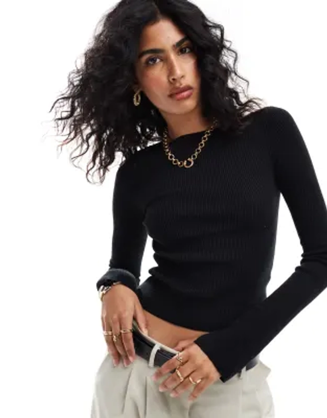 ASOS DESIGN knitted top with boat neck in black