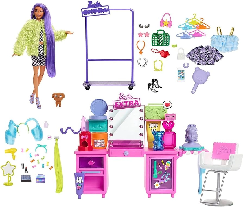 Barbie Extra Doll & Vanity Playset with Exclusive Doll, Pet Puppy, 45+ Pieces Including Clothes & Accessories, Toy Gift for Kids 3Y+, GYJ70 : Amazon.co.uk: Toys & Games
