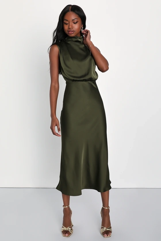 Distinctive Charm Olive Green Satin Asymmetrical Midi Dress