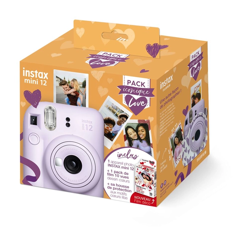 Pack Iconique Love Appareil photo instantané Fujifilm instax Mini 12 Violet + Pack de film 10 vues + Housse de protection