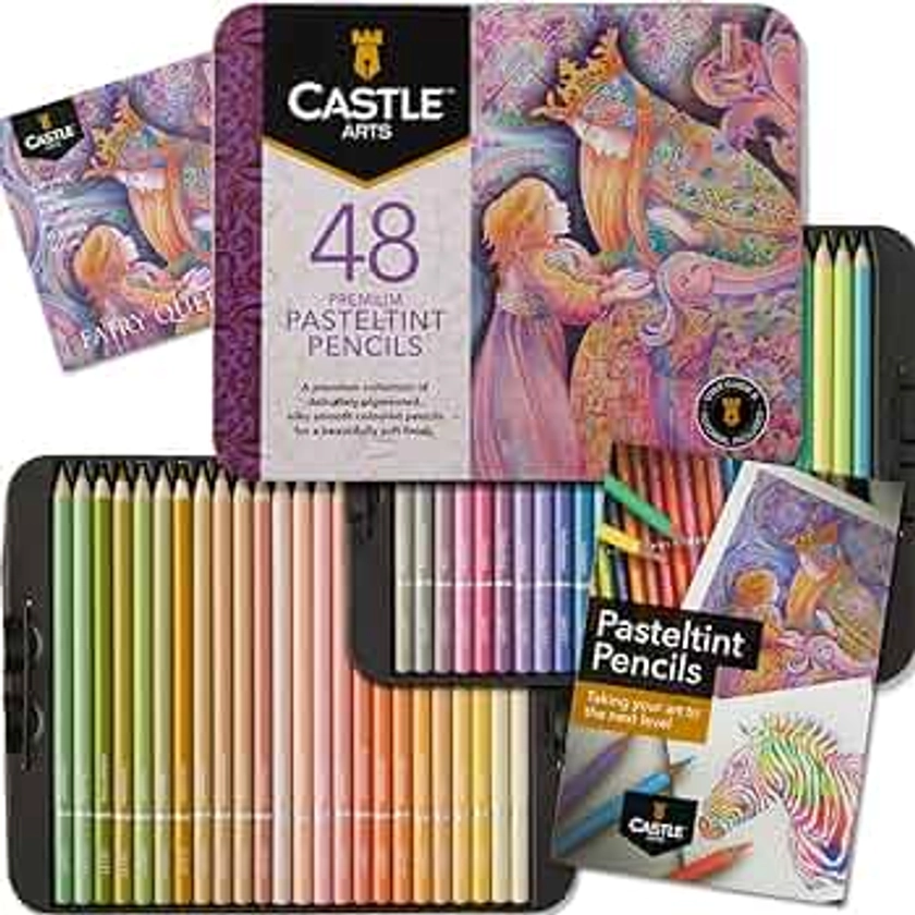 Castle Art Supplies 48 Piece Pasteltint Tin Colored Pencils Set | Quality Colors in Softer, Sumptuous Tones | For Professional and Adult Artists | Protected and Organized in Presentation Tin Box