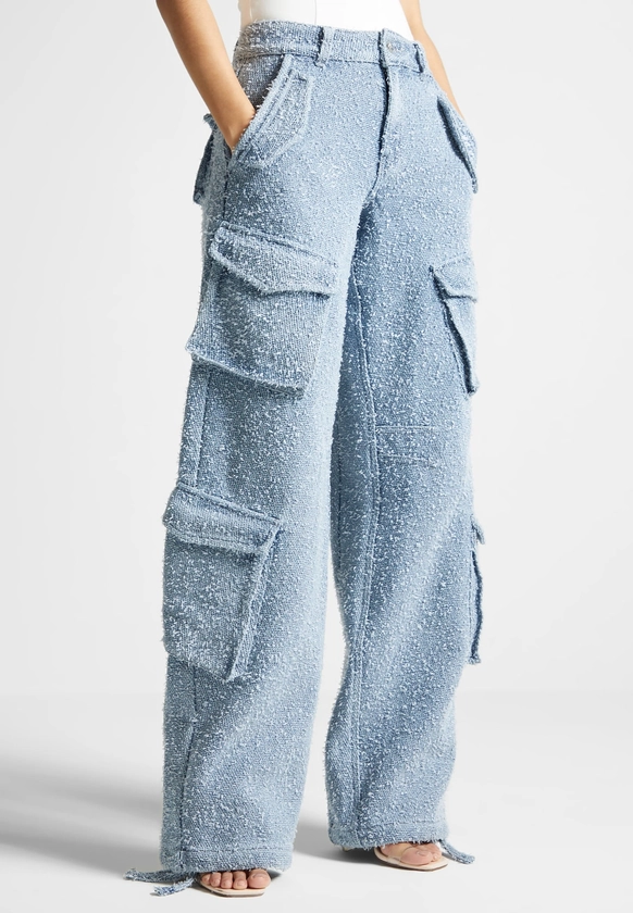 High Waisted Boucle Denim Cargo Pants - Mid Blue