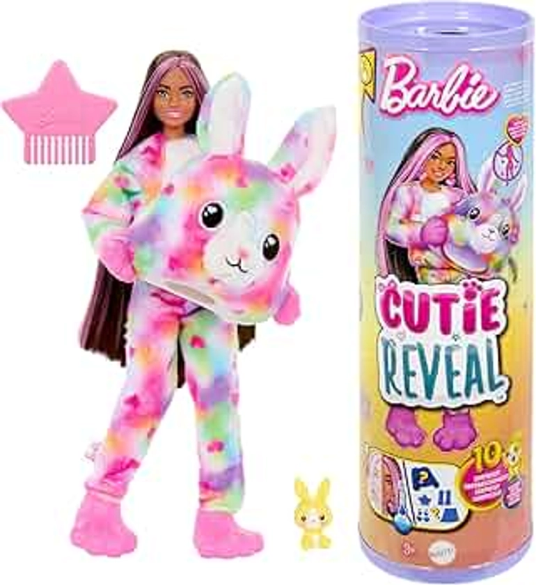 Barbie Cutie Reveal Doll & Accessories with Tie-Dyed Bunny Plush Costume & 10 Surprises Including Color Change, Color Dream Series, HRK38