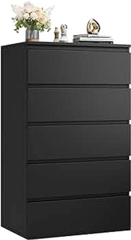 FOTOSOK Black Dresser, 5 Drawer Dresser Tall Black Dresser with Large Storage Space, Modern Storage Chest of Drawers, 23.6L x 17.6W x 39.1H Inch Storage Organizer Cabinet for Home, Black