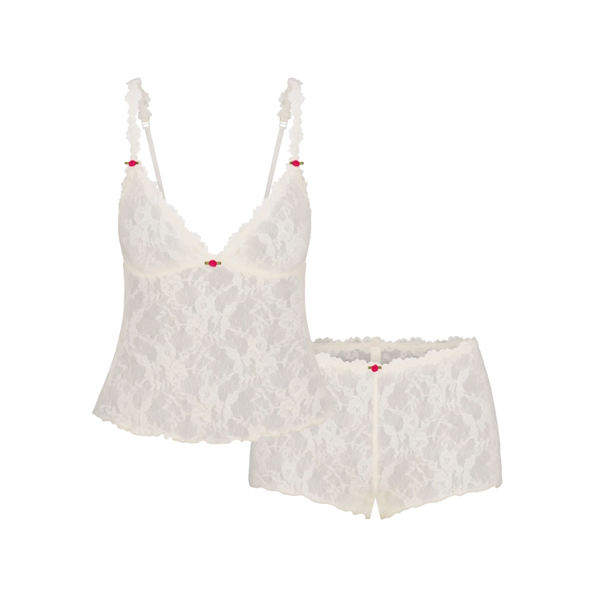 STRETCH LACE TRIANGLE CAMI AND SHORT SET | ECRU