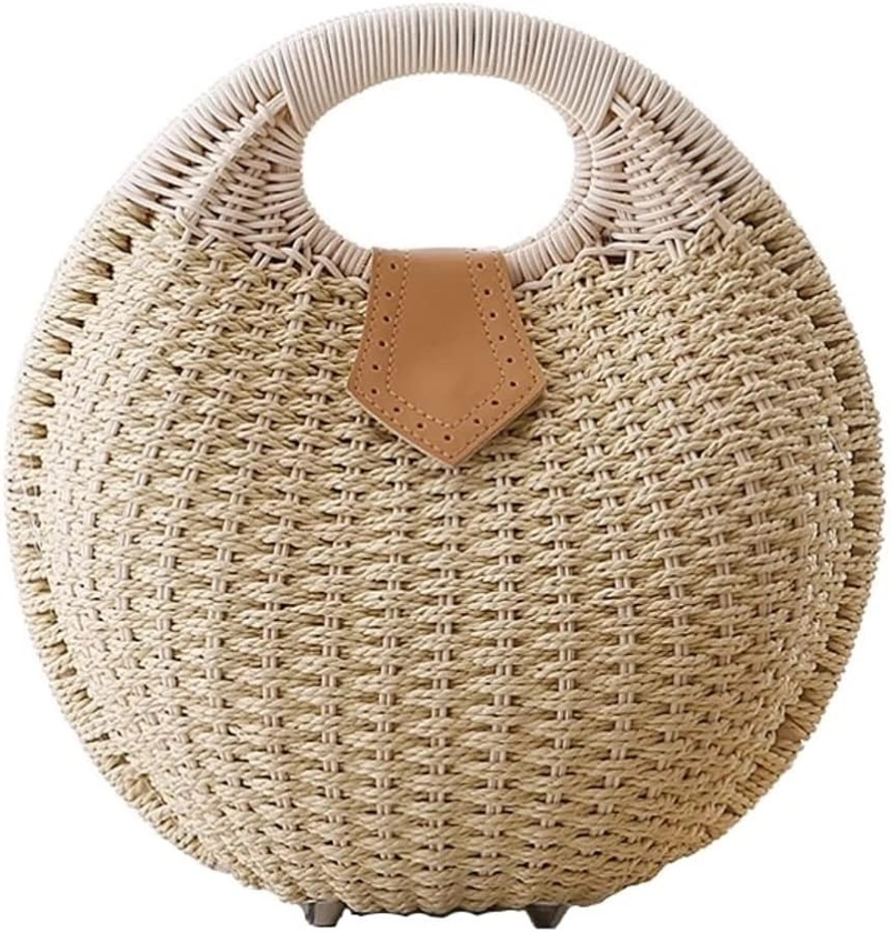 Woven Bag for Woman Straw Bag Straw Handbag Woven Women Rattan Handwoven Round Summer Tote Bag Summer Beach Bag (Color : Beige, Size : 26 * 26cm)