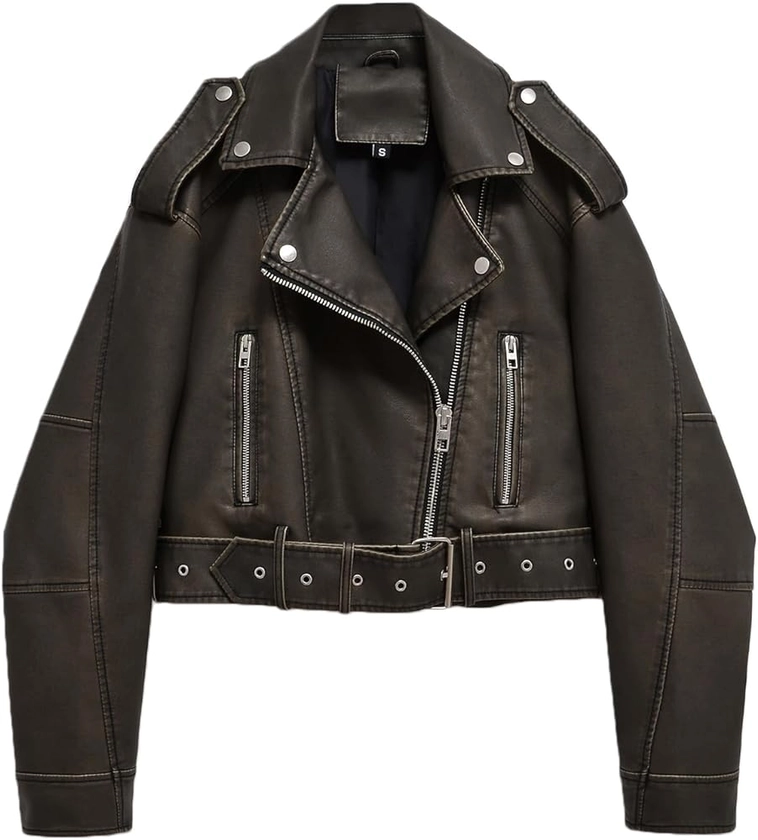 LY VAREY LIN Women Faux Leather Cropped Jacket Lapel Zipper Biker Short Coat with Belt