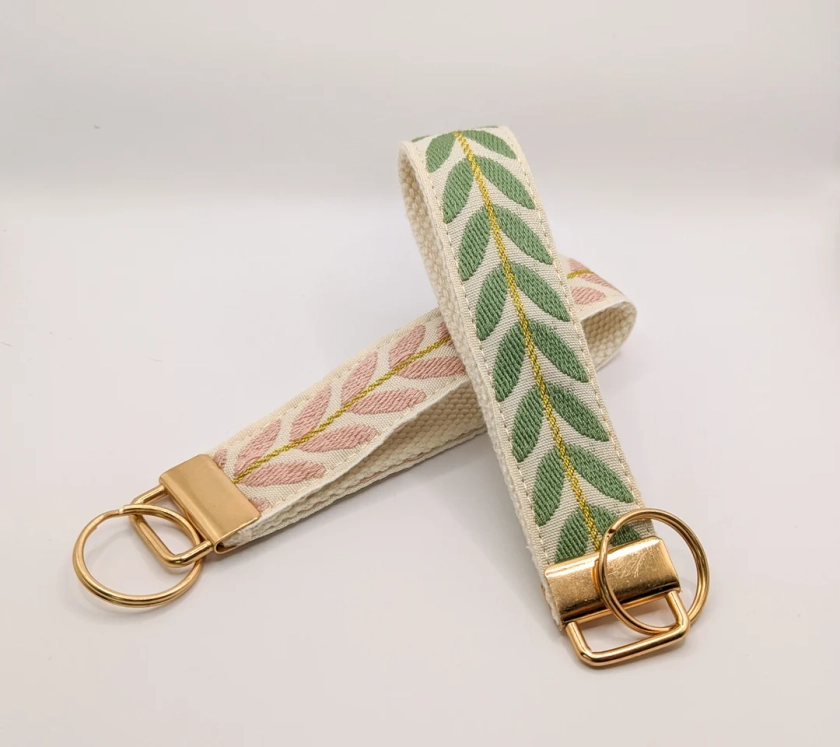 Customizable keychain wristlet | Fabric Key Fobs | Embroidery leaves & golden vine | Handmade