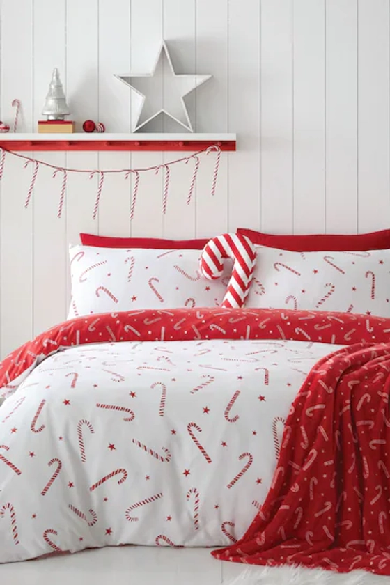 Catherine Lansfield White Christmas Candy Cane Reversible Duvet Cover Set