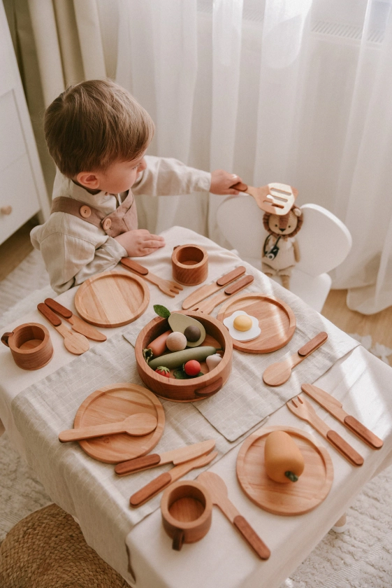 Montessori Kitchen Tools, Wooden Pretend Play Kitchen Dishes Set for Kids, Waldorf Preschooler Toys, Toddler Birthday Gift for 3, 4, 5 Year