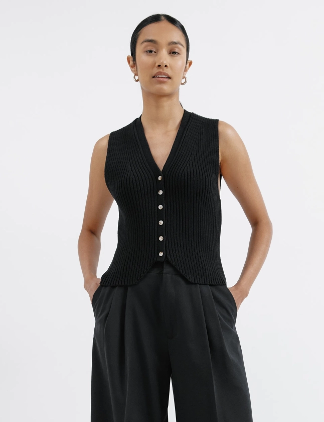 Pure Cotton Ribbed V-Neck Knitted Waistcoat