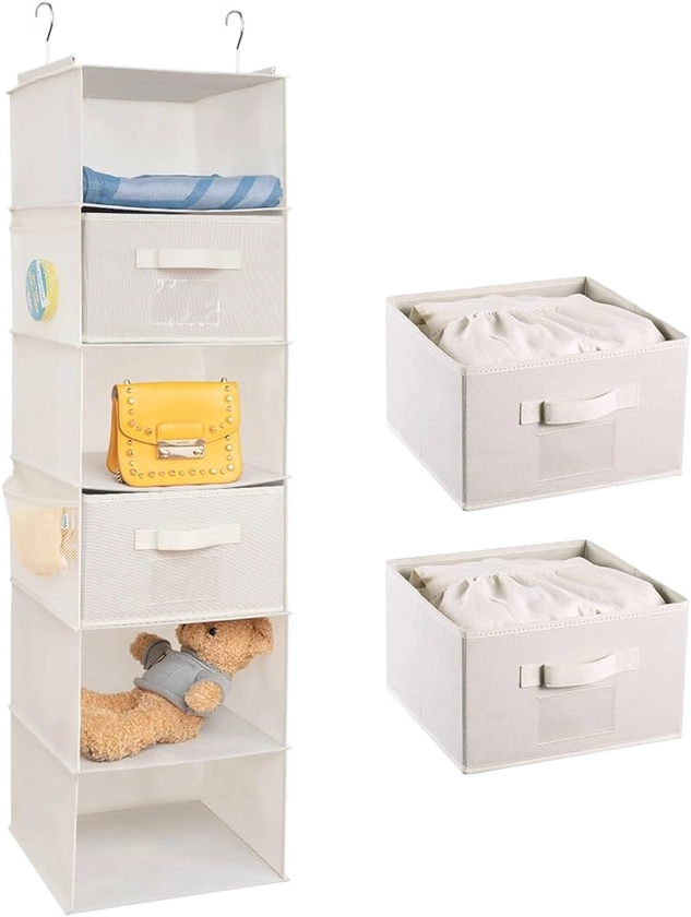 BrilliantJo Hanging Wardrobe Organiser 6 Shelves with 2 Removable Drawers Closet Storage, hanging Shelves Unit with 4 Pockets for Clothes - Beige(12x 12 x 43.3 inch) : Amazon.co.uk: Home & Kitchen