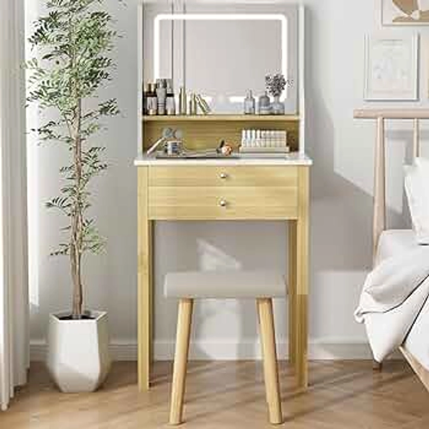 YOURLITE Small Vanity Desk with Mirror and Lights,Makeup Vanity Set with Chair and Drawers for Small Space,Wooden Color Vanity Desk for Bedroom with Light