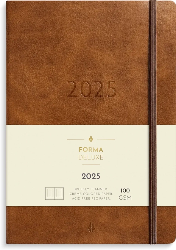 Burde Agenda Marron 2025 Couverture rigide | A5 | Semainier 2025 | 21x15 cm | 12 mois | Année complète 2025 | Verticale | Forma Deluxe