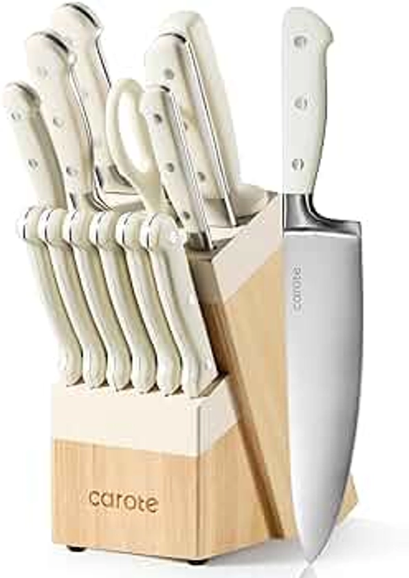 CAROTE 14 Pieces Knife Set with Hardwood Storage Block, Kitchen Knife Set with Block, Sharp Blade Ergonomic Handle, Knife Block Set Dishwasher Safe, White