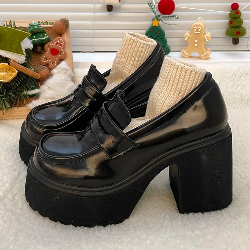 Lucyever-Mocassins plataforma para mulheres, preto gótico, salto alto robusto, bombas estilo feminino formal, sapatos de uniforme Jk, couro pu, 2023