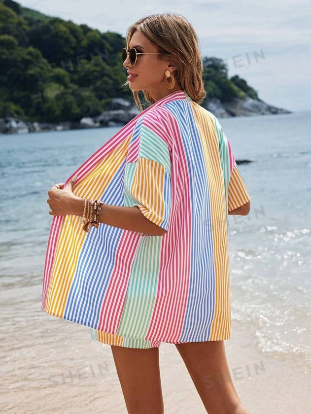 SHEIN VCAY Summer Women's Tropical Plant Printed Kimono Shirt And Shorts Set