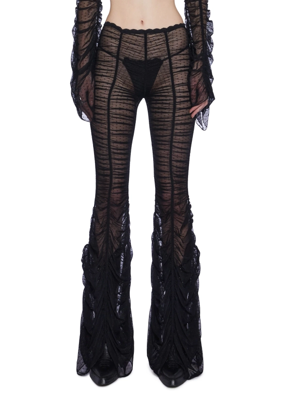 Widow Sheer Mesh Swiss Dot Flared Pants With Ruching Witch - Black